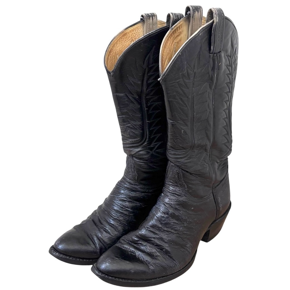 Vintage Tony Lama Black Ostrich Leather Cowboy Boots USA Made‎ Men’s 7.5D